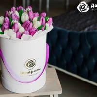 Букет «Amore» в шляпной коробке из 51 тюльпана